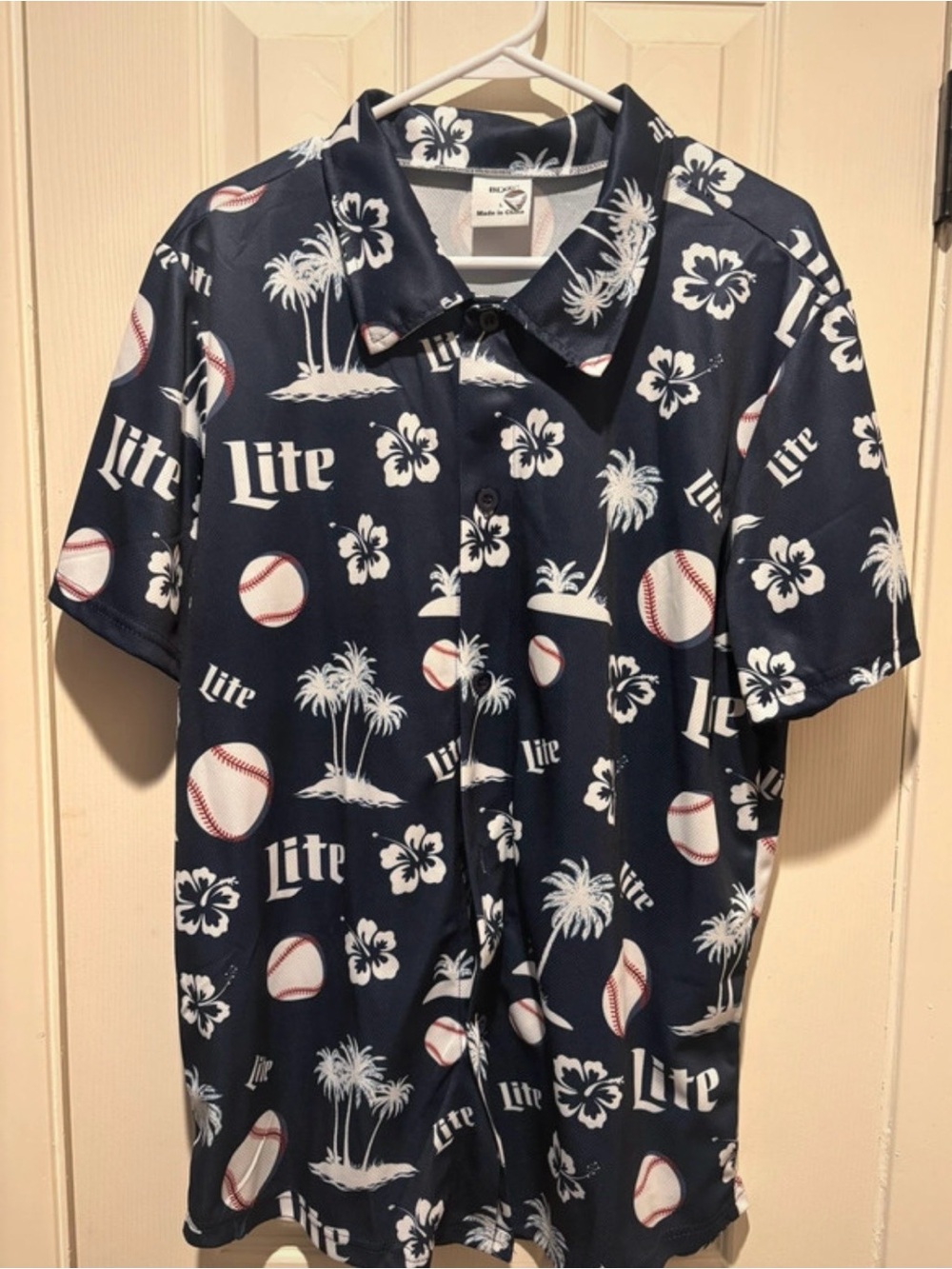 Navy Hawaiian Baseball Print Polo Shirt Miller Lite Beer